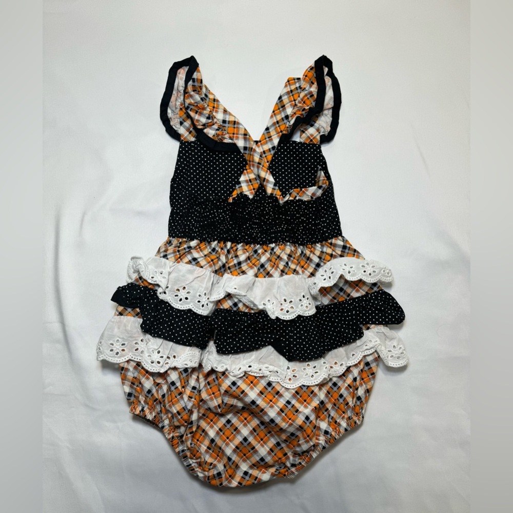 RICRAC AND RUFFLES ORANGE AND BLACK PLAID BUBBLE ROMPER THANKSGIVING SIZE 2T